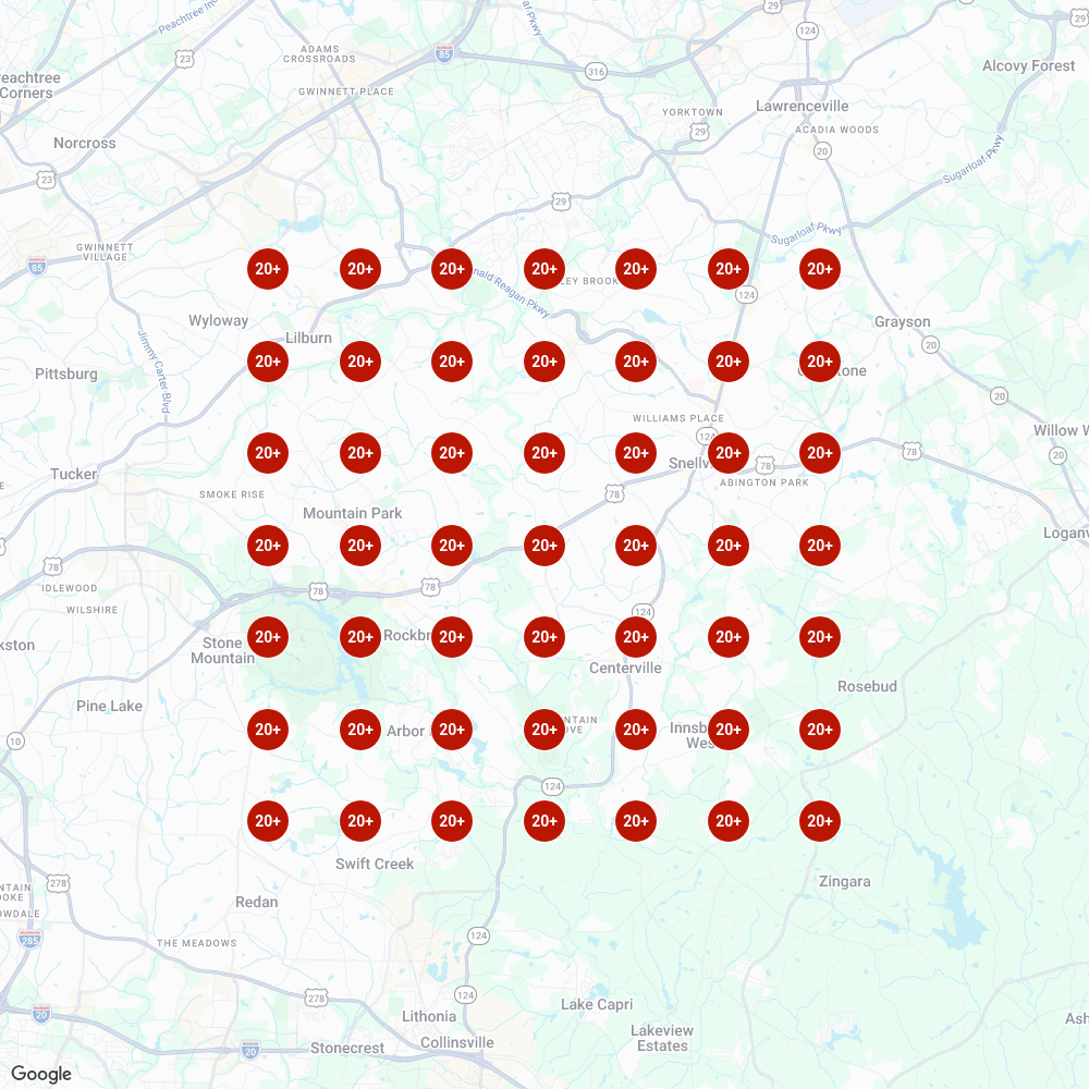 Local Falcon scan for 'Mediterranean Catering' showing complete red, zero visibility across all locations